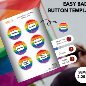 LGBTQ Pronouns Button Template, Easy badge button template, Pride flag pinback button template, Printable template for 58mm/ 2.25 inch.