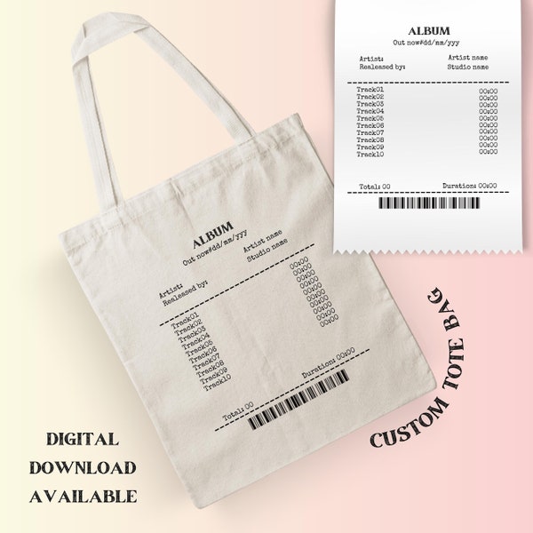 Custom Album Receipt Tote Bag, Personalized Music Tote, Custom Song Playlist Tote, Cute artsy aesthetic tote, Soundtrack Album Custom gift