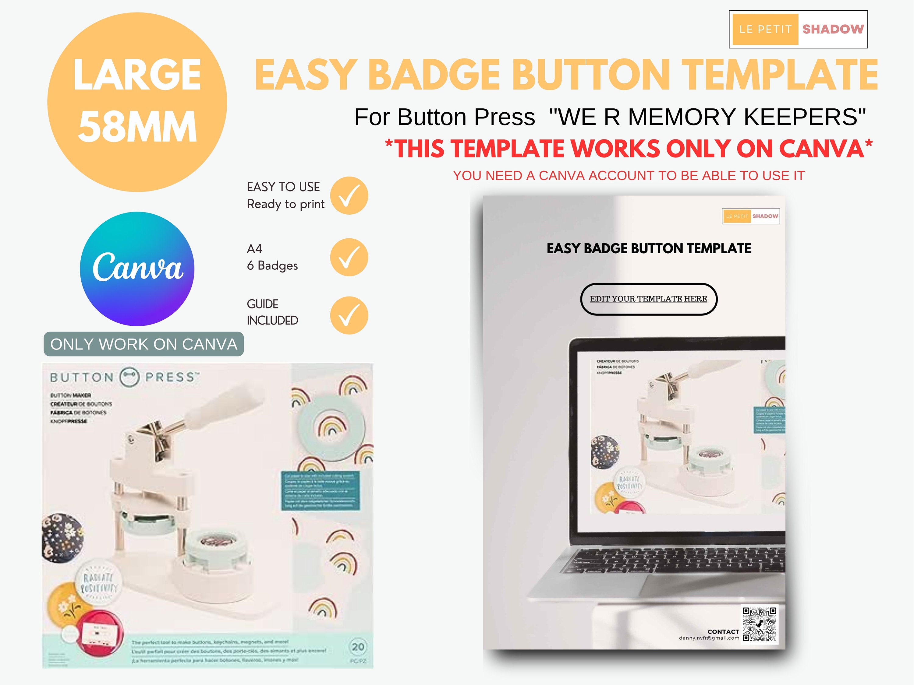 WE R MEMORY KEEPERS Button Press Large Button, Easy Badge Button Template,  Pinback Button Template, Canva Template for 58mm Buttons. 