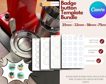 Bundle Easy badge button template, pinback button template, Canva template for 25mm 32mm 58mm 75 mm ( 1in, 1.26in, 2.25in, 3in) buttons.