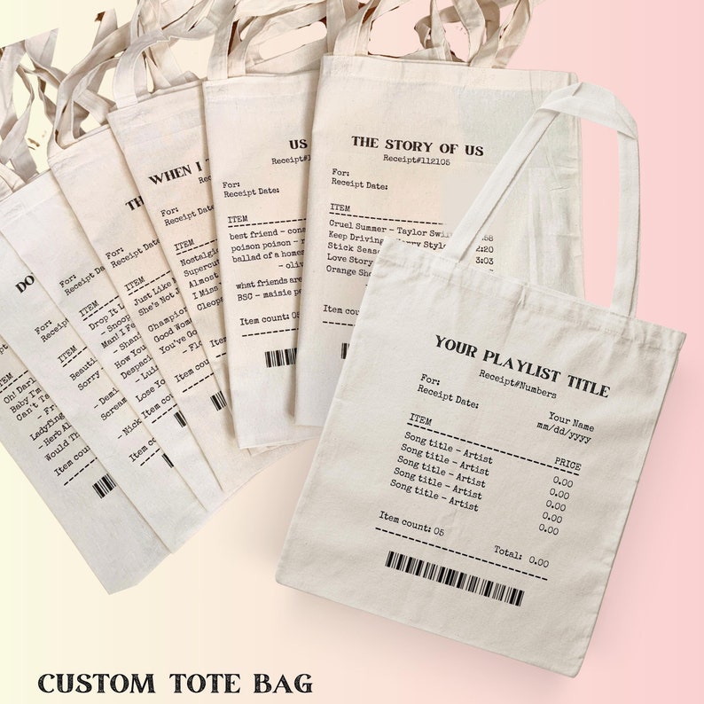 Custom Song Receipt Printed Tote Bag, Personalized Music Tote Bag, Custom Song Playlist Tote Bag, Cute artsy aesthetic tote Bag, Custom gift