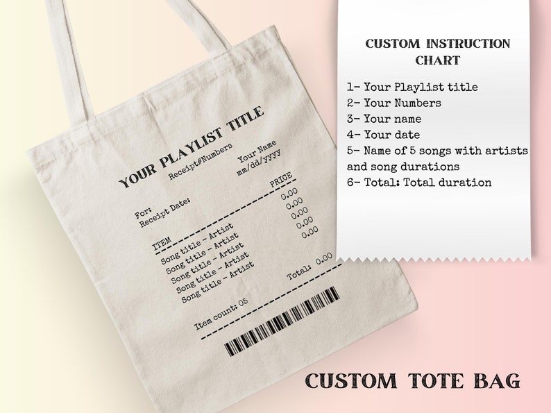 Custom Song Receipt Printed Tote Bag, Personalized Music Tote Bag, Custom Song Playlist Tote Bag, Cute artsy aesthetic tote Bag, Custom gift image 5