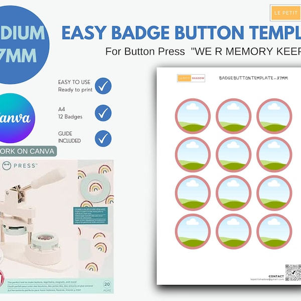 WE R MEMORY KEEPERS Button Press Medium Button, Easy badge button template, pinback button template, Canva template for 37mm buttons.