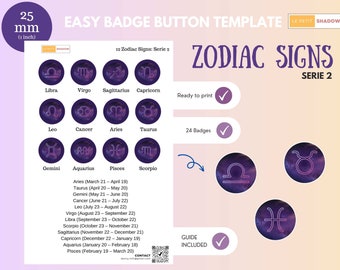 Easy badge button template for 12 Zodiac Signs, Galaxy Background Seire 2, Pinback button template for 25mm/1 inch buttons.