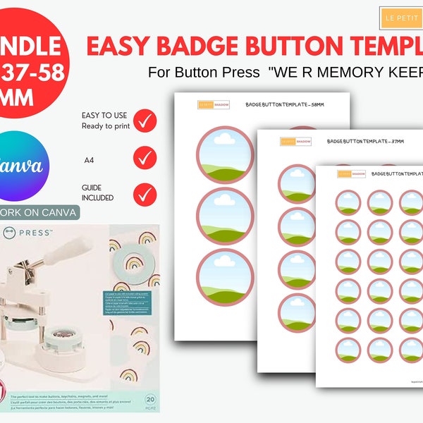 WE R MEMORY KEEPERS Button Press Small, Medium Large Button,  Bundle Easy badge button template, pinback button template, Canva template.