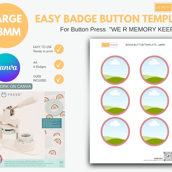 WE R MEMORY KEEPERS Button Press Large Button, Easy badge button template, pinback button template, Canva template for 58mm buttons.