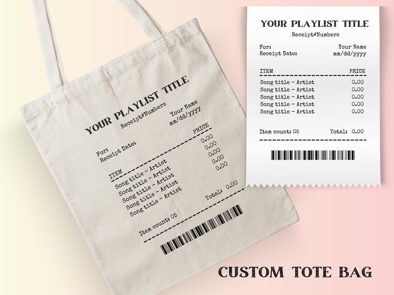 Custom Song Receipt Tote bag. Personalized Music Playlist tote bag. Cute artsy aesthetic tote bag.