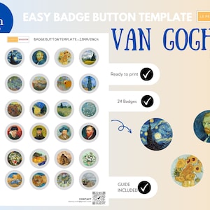 Easy badge button template Van Gogh Edition, Pinback button template for 25mm/1 inch buttons.
