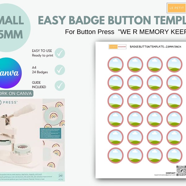 WE R MEMORY KEEPERS Button Press Small Button, Easy badge button template, pinback button template, Canva template for 25mm/1 inch buttons.