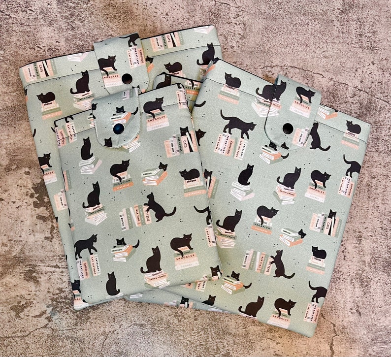 Green Cats and Books Padded Book Sleeve, Book Jacket, Book Protector, Book Lover, Bookish Gift, Book Club, BookTok, iPad Case Mid-size