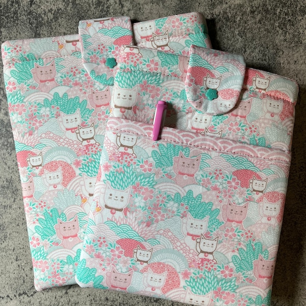 Lucky Cat Padded Book Sleeve, Book Jacket, Book Protector, Sakura, Cherry Blossom iPad Case, Book Gift, closure and pocket option