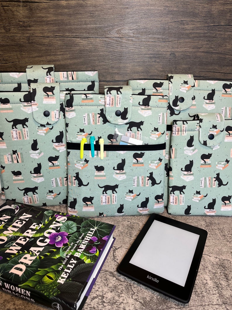 Green Cats and Books Padded Book Sleeve, Book Jacket, Book Protector, Book Lover, Bookish Gift, Book Club, BookTok, iPad Case image 2