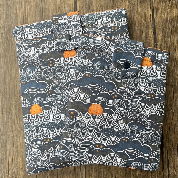 Waves and Orange Moon Padded Book Sleeve with closure, Book Protector, Literary, Journal, Hygge, Night Sky, Fine Art, Book Lover Gift,