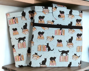 Blue Cats and Books Padded Book Sleeve, Book Jacket, Book Protector, Book Lover, Bookish Gift, Book Club, BookTok, Teacher Gift, iPad Case