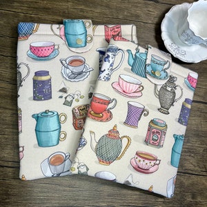 Tea and Pots Padded Book Sleeve, Book Jacket, Book Protector, Book Lover, Bookish Gift, Book Club, BookTok, Tea Lovers