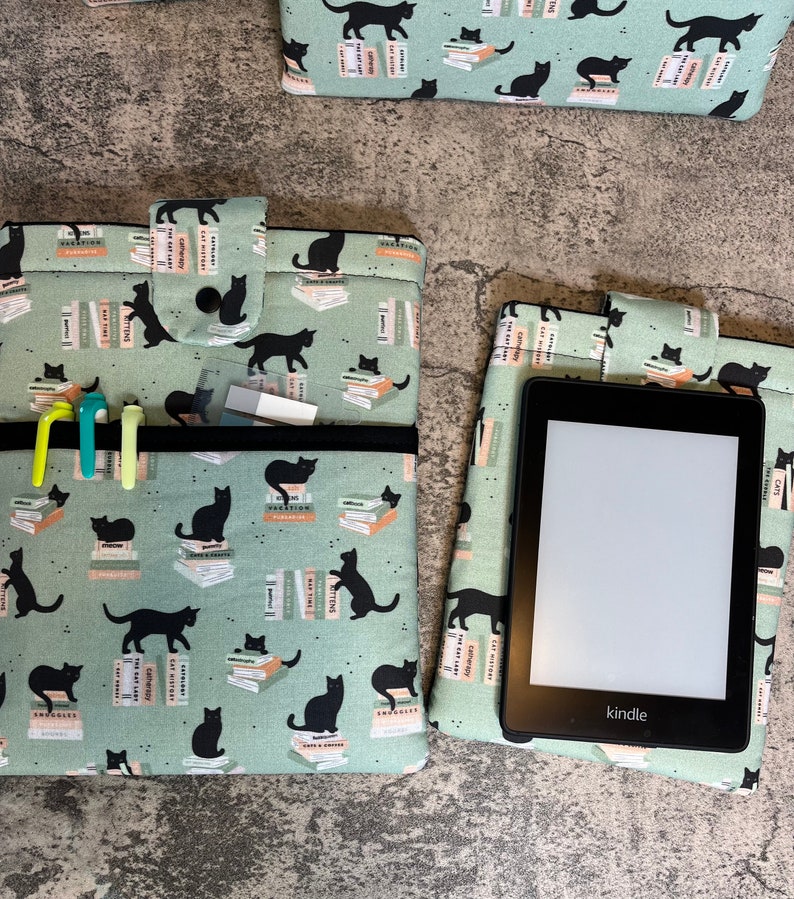 Green Cats and Books Padded Book Sleeve, Book Jacket, Book Protector, Book Lover, Bookish Gift, Book Club, BookTok, iPad Case Small