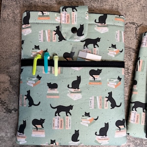 Green Cats and Books Padded Book Sleeve, Book Jacket, Book Protector, Book Lover, Bookish Gift, Book Club, BookTok, iPad Case Mid-size with pocket