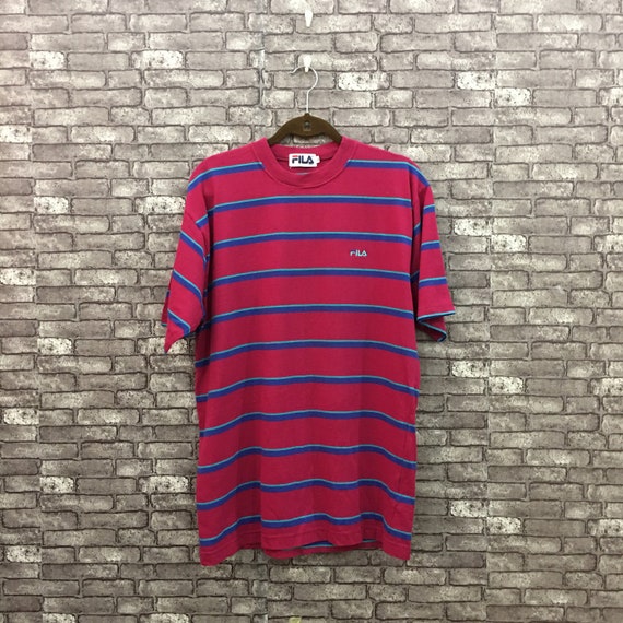 90's Fila T Shirt Striped Pink Blue