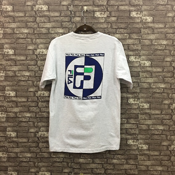 90's Fila T Shirt Big Logo Grey Blue