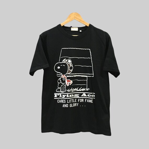 90's Peanuts Snoopy Flying Ace Woodstock T Shirt Black Cartoon Tee