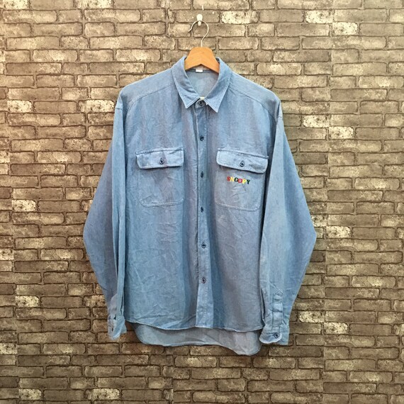 SNOOPY Woodstock Denim Blue Shirt Large Vintage 90/'s Snoopy Joe Cool Peanuts Cartoon Snoopy Comic Strip Blue Denim Jeans Oxfords Size L