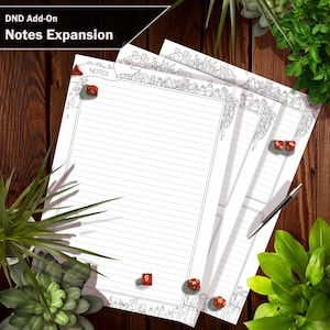 May include: Three blank lined pages with a decorative border of potion bottles and other fantasy items. The pages are labeled "NOTES" and have red dice on them.