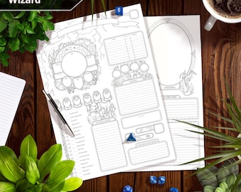 Può includere: Un foglio di personaggio Dungeons and Dragons stampabile per un mago. Il foglio è in bianco e nero e include spazi per le informazioni sul personaggio, le abilità e le competenze. Il foglio è circondato da dadi e altri accessori di gioco.