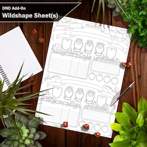 Op de afbeelding: Een printbaar Dungeons and Dragons-personageblad om de wildshape-vaardigheden van een personage bij te houden. Het blad bevat ruimte om hitpoints, kracht, behendigheid, constitutie, bepantseringklasse en andere belangrijke statistieken bij te houden.