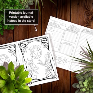 Puede incluir: Diario imprimible en blanco y negro con un dise&ntilde;o art d&eacute;co. La portada presenta un dado de 20 caras y dos personajes, uno con cuernos y el otro con orejas de elfo. El texto "NPC JOURNAL" est&aacute; impreso en la portada.