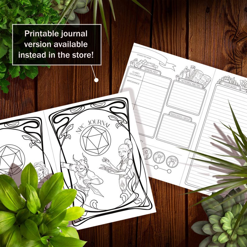 Puede incluir: Diario imprimible en blanco y negro con un dise&ntilde;o art d&eacute;co. La portada presenta un dado de 20 caras y dos personajes, uno con cuernos y el otro con orejas de elfo. El texto "NPC JOURNAL" est&aacute; impreso en la portada.