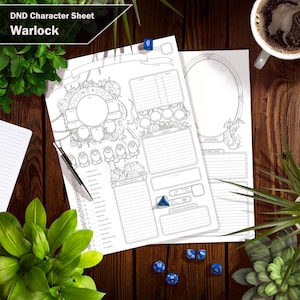 May include: A printable Dungeons and Dragons character sheet for a Warlock. The sheet is black and white and features a detailed illustration of a warlock's patron. The sheet includes sections for character stats, abilities, spells, and more.