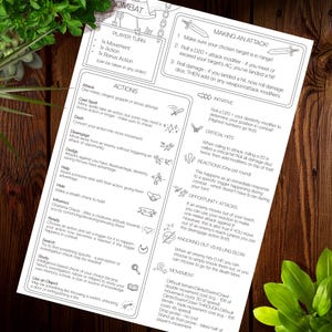 May include: Black and white illustration of a tabletop role-playing game (RPG) combat system. The illustration includes a list of actions players can take during their turn, such as attack, cast spell, dash, disengage, dodge, help, hide, influence, ready, search, study, and use an object. The illustration also includes a section on making an attack, initiative, critical hits, reactions, opportunity attacks, knocking out vs killing blow, and movement.
