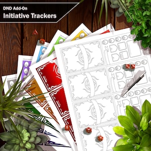 Puede incluir: Un conjunto de rastreadores de iniciativa D&D imprimibles en varios colores. Cada rastreador presenta un espacio en blanco para escribir nombres y un espacio para un lanzamiento de dados. Los rastreadores están diseñados para ayudar a los jugadores a realizar un seguimiento de su iniciativa durante una partida de Dungeons & Dragons.