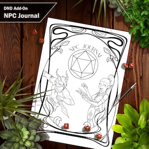 Op de afbeelding: Zwart-witte printbare journalomslag met een gestileerde illustratie van een d20-dobbelsteen, een gehoornd personage en een personage met puntige oren. De tekst "NPC JOURNAL" is geschreven in een decoratief lettertype rond de d20-dobbelsteen.