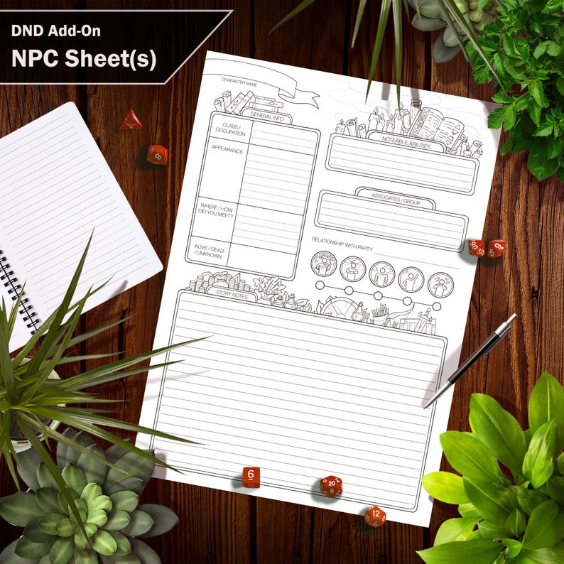 Puede incluir: Una hoja de personaje imprimible de Dungeons and Dragons (D&D) para personajes no jugadores (PNJ). La hoja incluye secciones para el nombre del personaje, la clase, la ocupaci&oacute;n, la apariencia, d&oacute;nde y c&oacute;mo te encontraste, vivo/muerto/desconocido, notas de la historia, habilidades notables, asociados/grupo y relaci&oacute;n con el grupo.