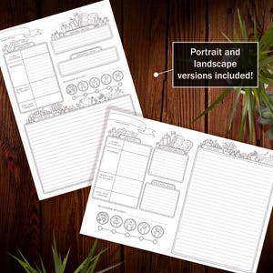 Puede incluir: Hoja de personaje imprimible para juegos de rol. La hoja presenta una ilustraci&oacute;n en blanco y negro de un escenario de fantas&iacute;a con libros, pergaminos y otros objetos. La hoja incluye secciones para el nombre del personaje, la clase, la ocupaci&oacute;n, la apariencia y m&aacute;s. Se incluyen versiones retrato y paisaje.