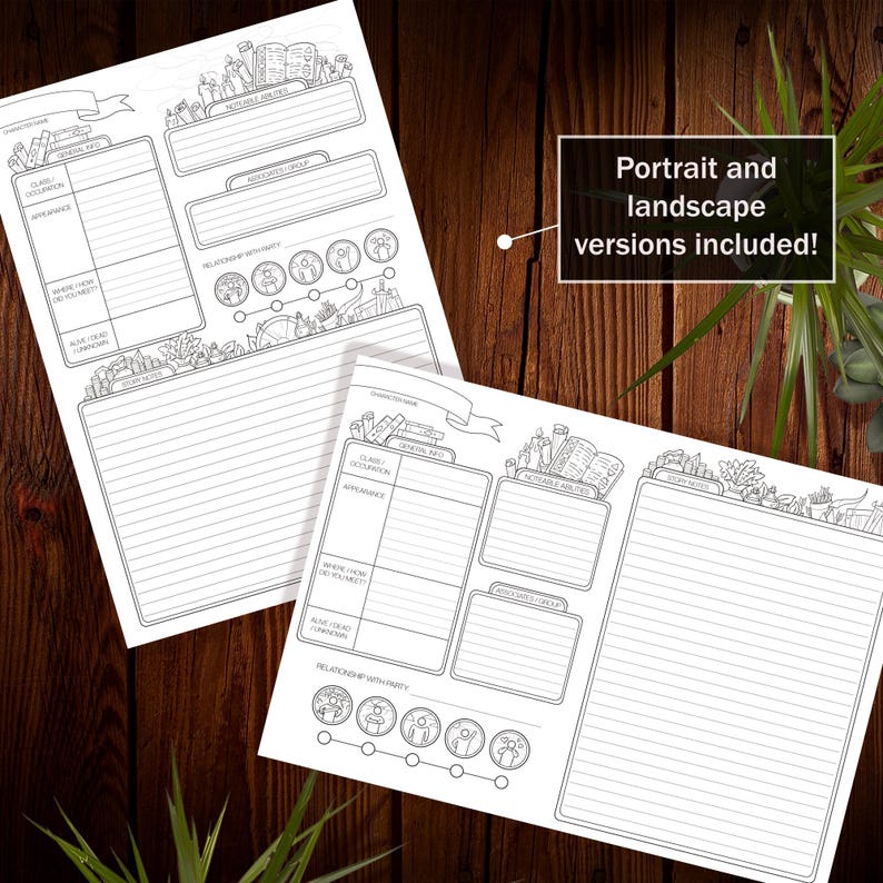 Puede incluir: Hoja de personaje imprimible para juegos de rol. La hoja presenta una ilustraci&oacute;n en blanco y negro de un escenario de fantas&iacute;a con libros, pergaminos y otros objetos. La hoja incluye secciones para el nombre del personaje, la clase, la ocupaci&oacute;n, la apariencia y m&aacute;s. Se incluyen versiones retrato y paisaje.