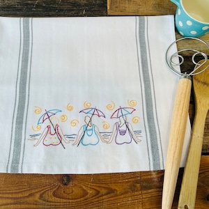 Beach Ladies Embroidered Kitchen Towel | Hand Stitched Tea Towel | Quirky Kitchen Towel | Embroidered Dish Towel | Vintage Print Towel