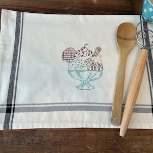 Ice Cream Embroidered Kitchen Towel | Hand Embroidered Tea Towel | Handmade Kitchen Towel | Embroidered Dish Towel | Vintage Print Towel