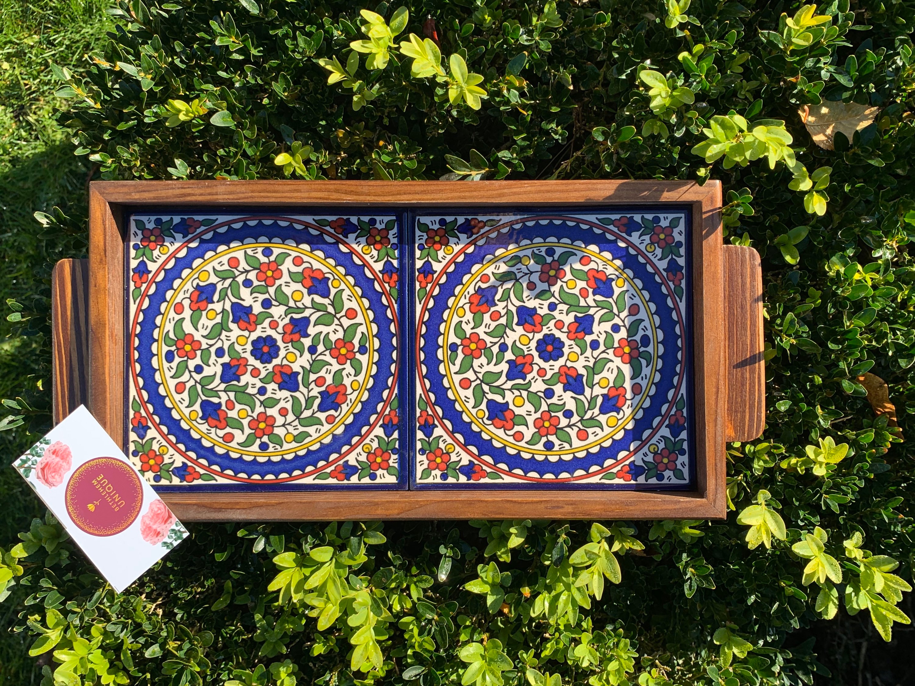 Arménien céramique Cadre en Bois Tuile Made in the Holy Land fleurs bleu Arménien céramique Cadre en Bois Tuile Made in the Holy Land fleurs bleu