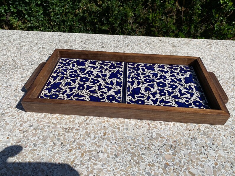 Armenian Blue Tray handmade ceramic Tile wood tray image 2