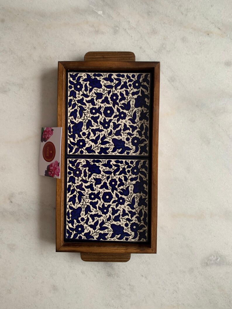 Armenian Blue Tray handmade ceramic Tile wood tray image 6