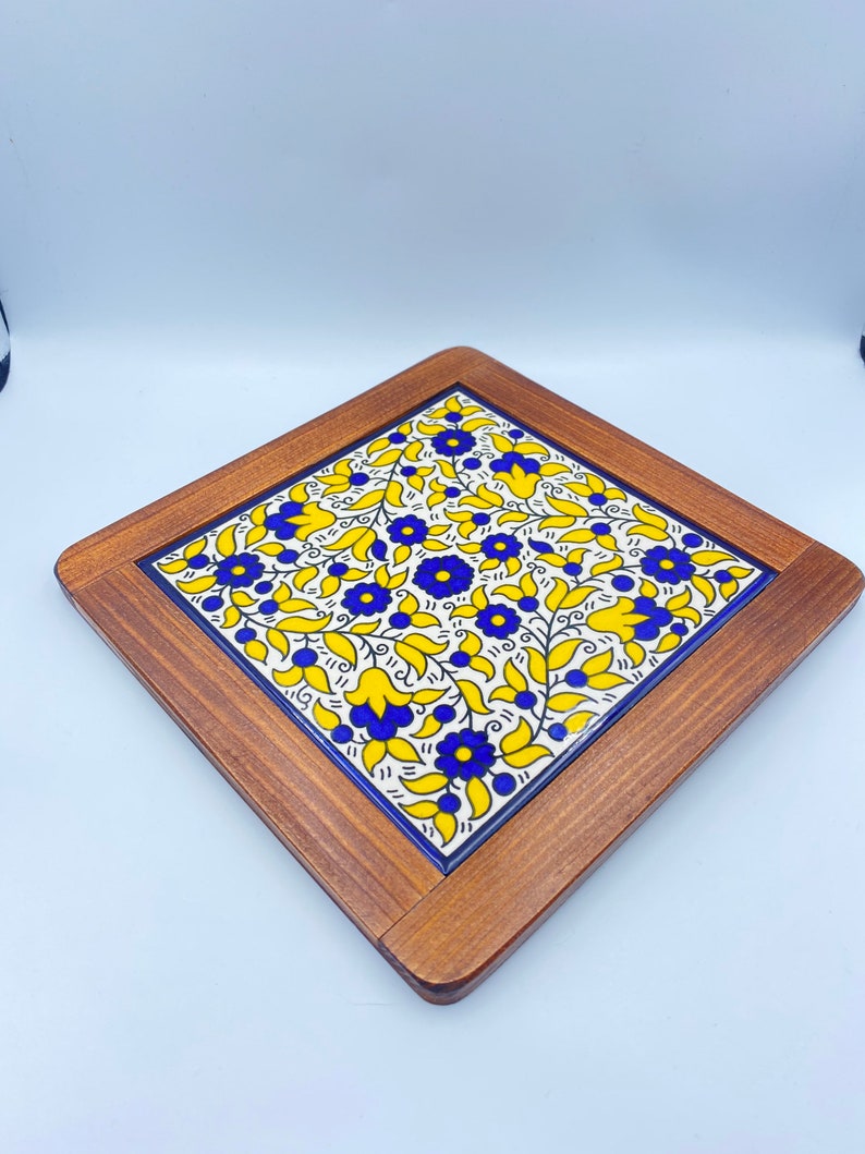 Ceramic Coaster 20cm Armenian Yellow flower hand painted hand made Vintage Style Dark Oak Wood Framed Ceramic Display Tile UK Seller