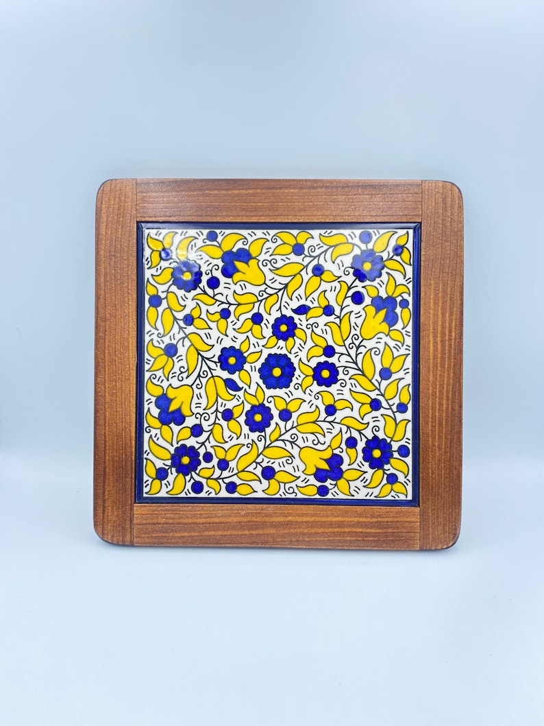 Ceramic Coaster 20cm Armenian Yellow flower hand painted hand made Vintage Style Dark Oak Wood Framed Ceramic Display Tile UK Seller