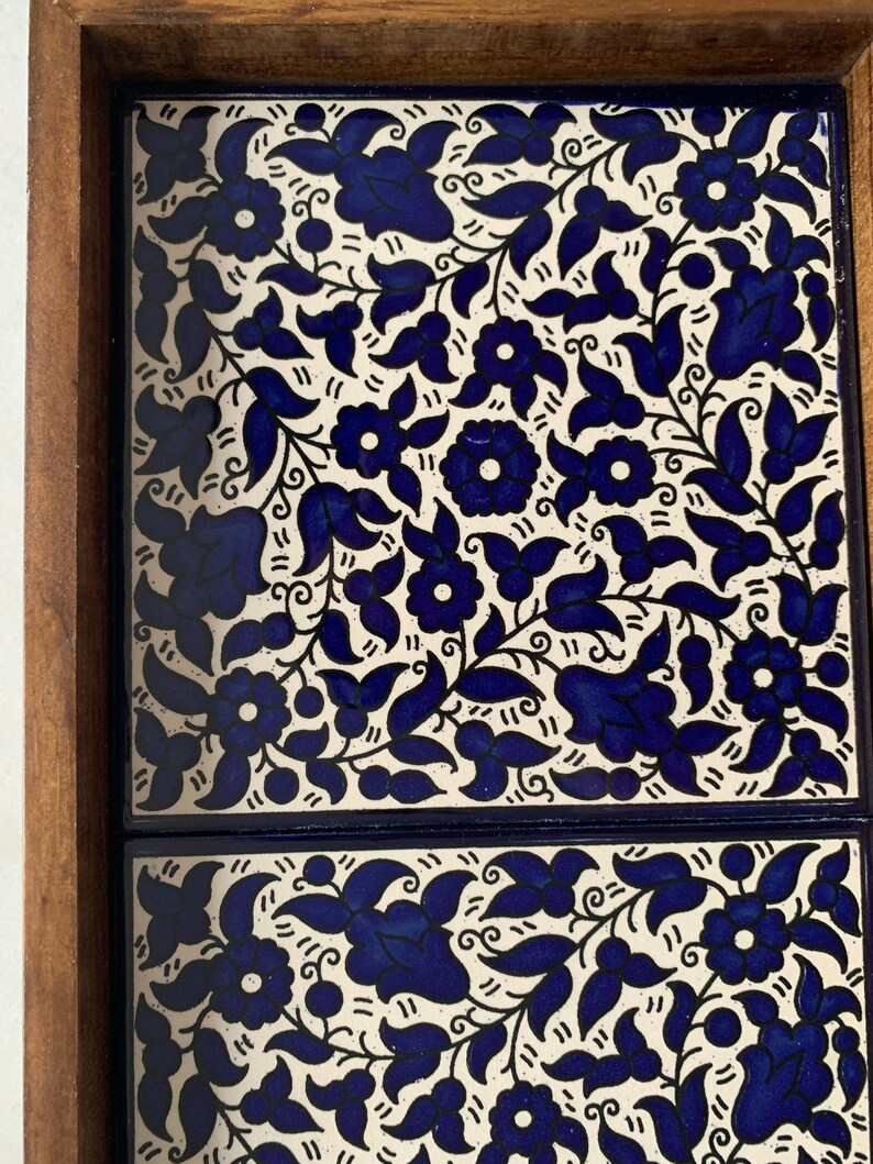 Armenian Blue Tray handmade ceramic Tile wood tray image 8