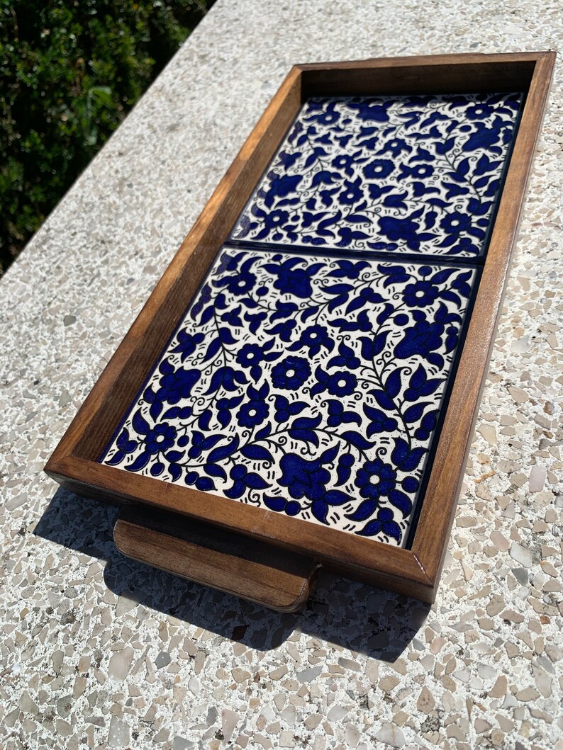 Armenian Blue Tray handmade ceramic Tile wood tray image 5