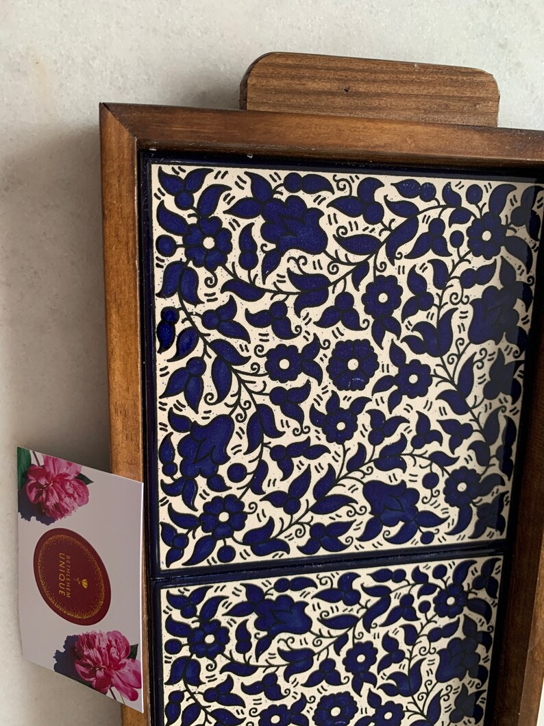 Armenian Blue Tray handmade ceramic Tile wood tray image 7