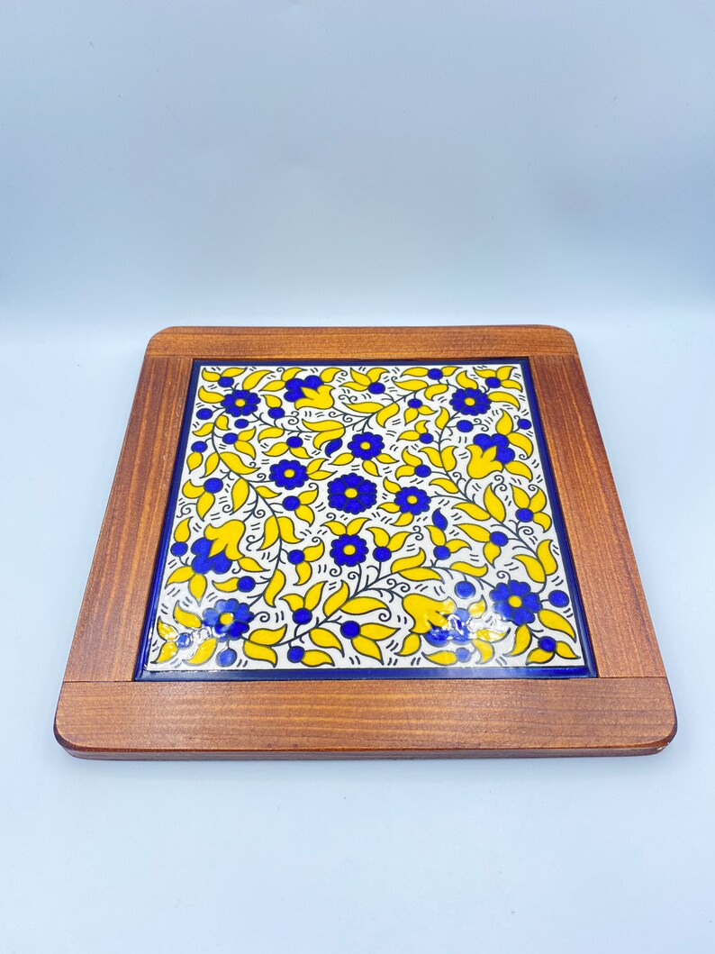 Ceramic Coaster 20cm Armenian Yellow flower hand painted hand made Vintage Style Dark Oak Wood Framed Ceramic Display Tile UK Seller