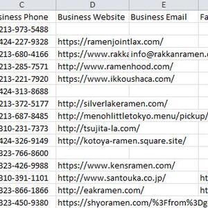 Peut inclure: Une feuille de calcul r&eacute;pertorie les restaurants de ramen &agrave; Los Angeles, en Californie. La feuille de calcul comprend le nom de l'entreprise, l'adresse, le num&eacute;ro de t&eacute;l&eacute;phone, le site Web, l'adresse e-mail, la page Facebook, le compte Twitter, le profil LinkedIn, le mot-cl&eacute; et l'emplacement.