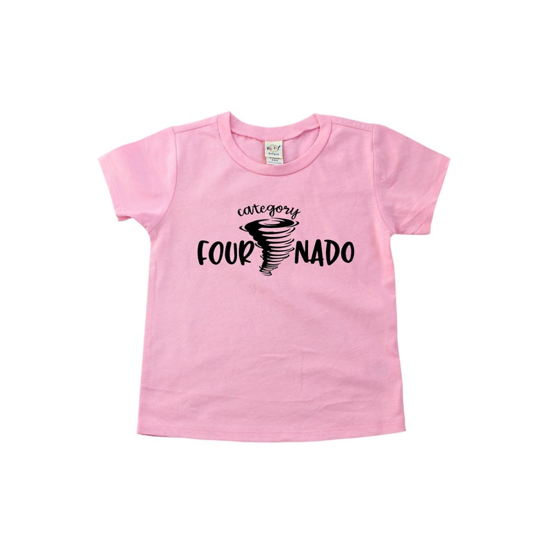 May include: Pink short-sleeved t-shirt with a black graphic of a tornado and the text "category four-nado".